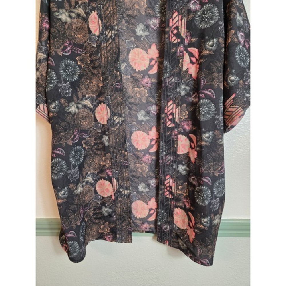 Next Floral Kimono Wrap Women 14 Black Pink Pintuck Open Front Cardigan - Picture 9 of 13